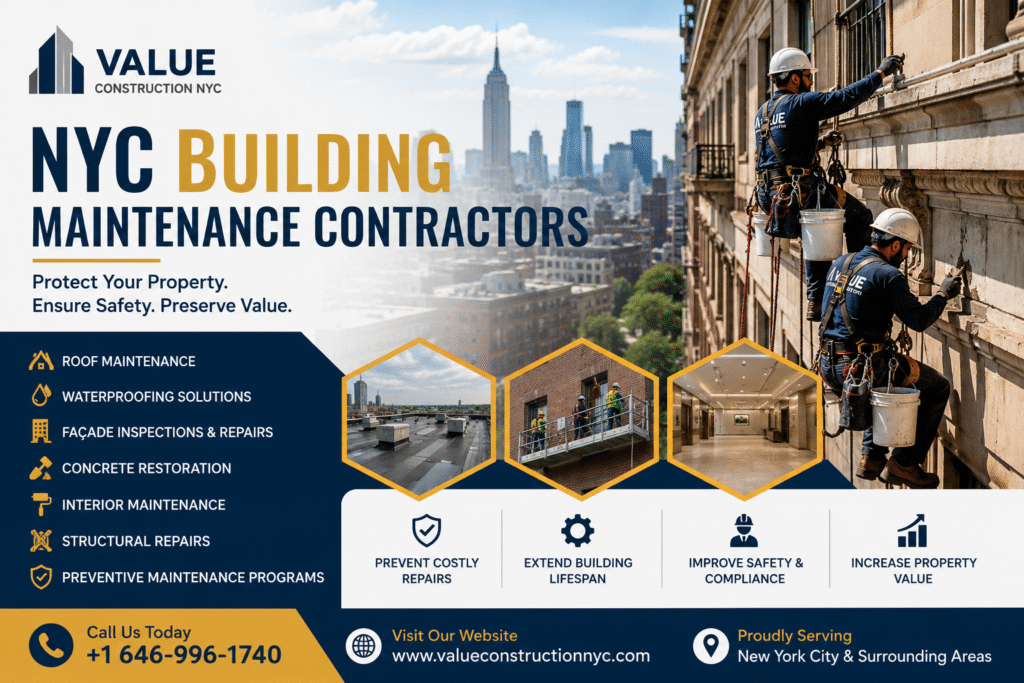 NYC Building Maintenance Contractors performing preventive maintenance on a commercial building in New York City